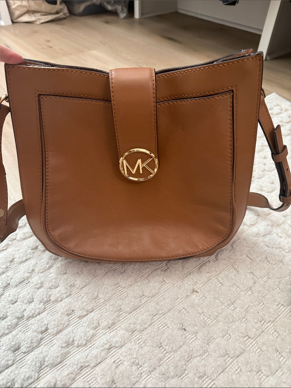 Michael Kors Brown Leather Shoulder Bag with Gold MK Medallion